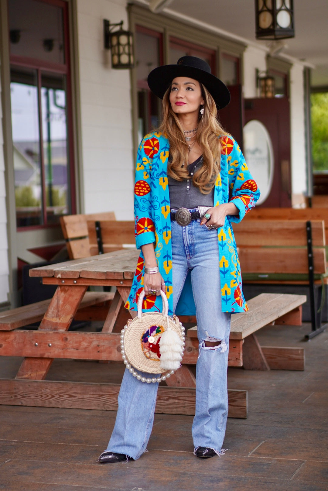 Teal cotton embroidered coat