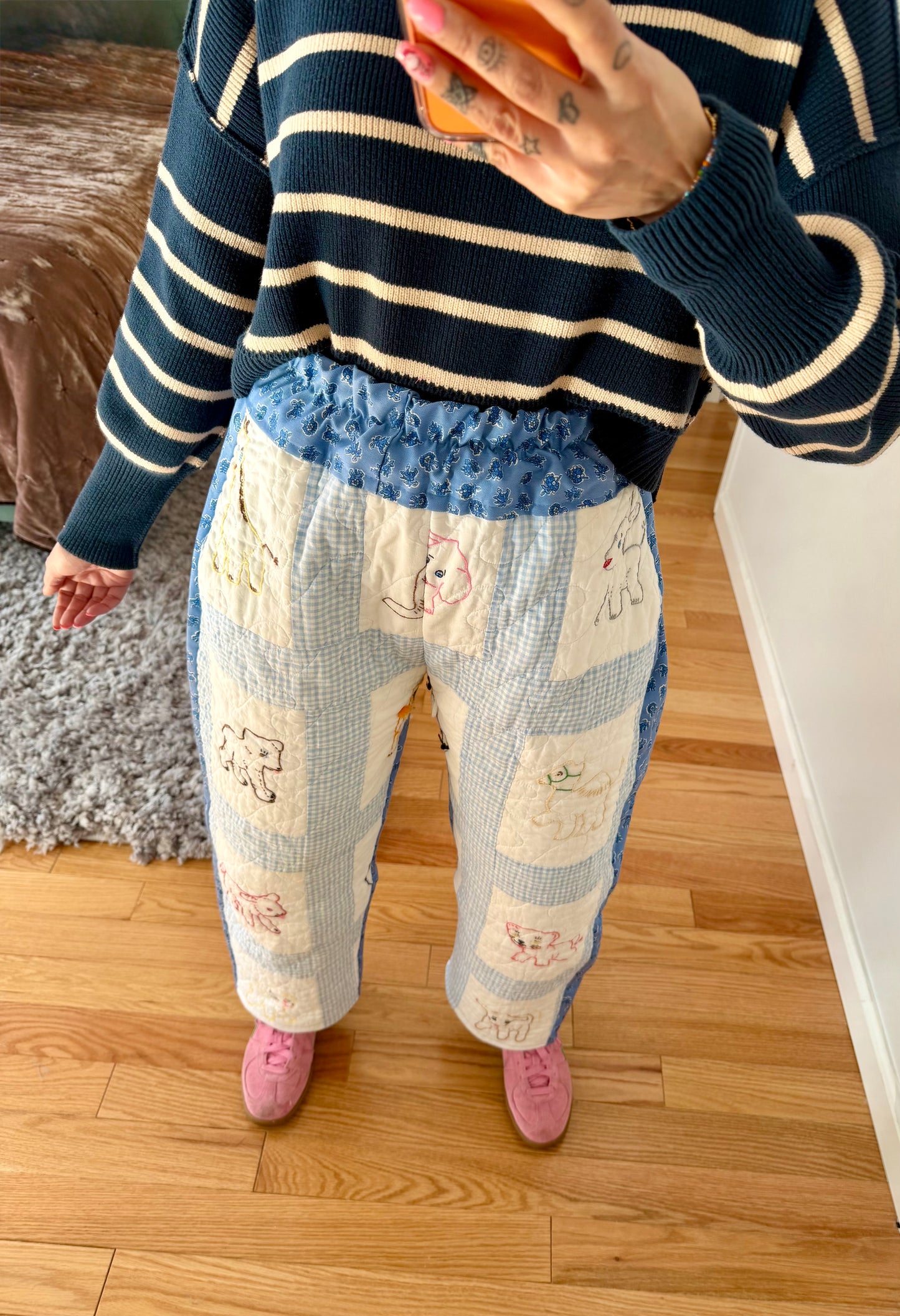 Hand embroidered quilted pants