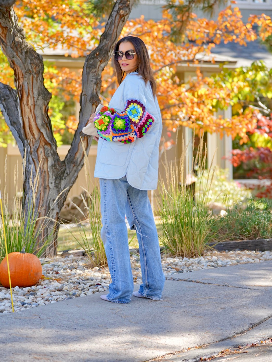 Handmade granny square sleeve quilt jacket Blue