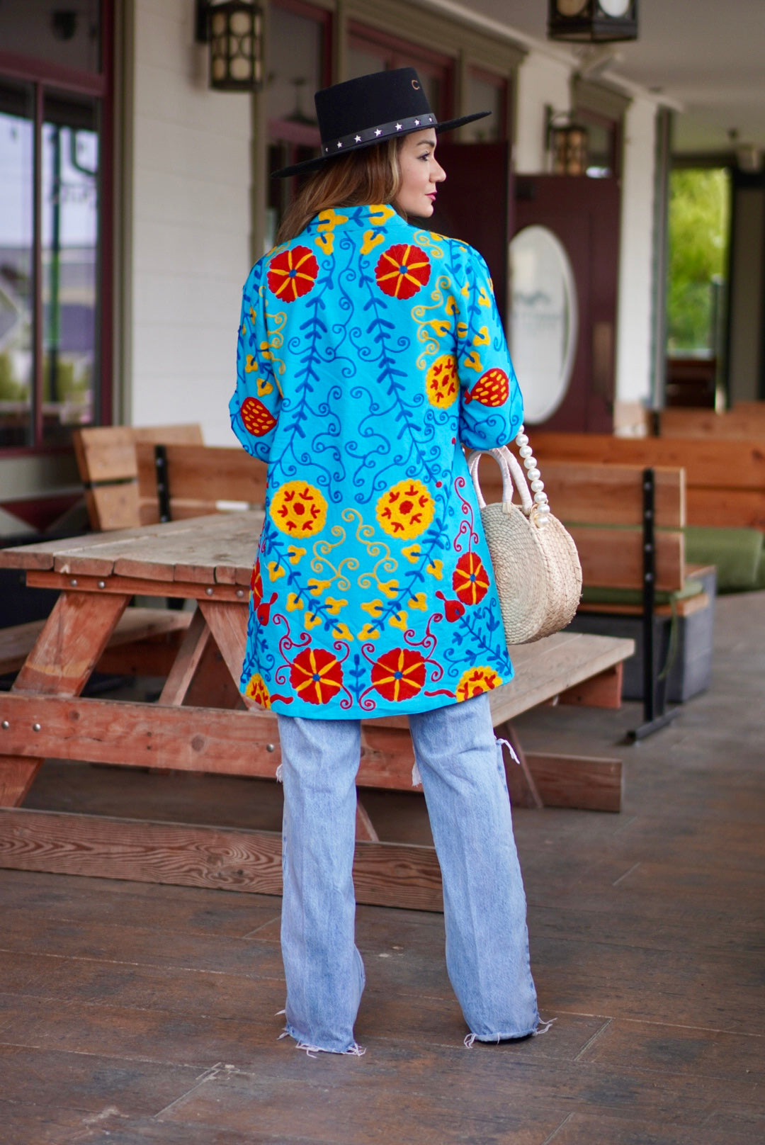 Teal cotton embroidered coat