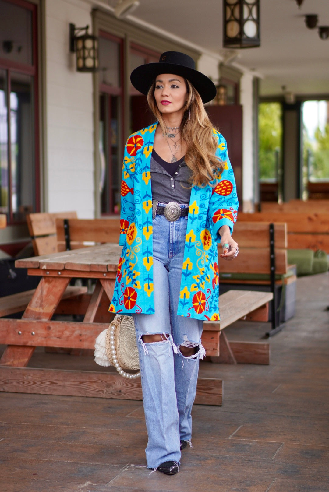 Teal cotton embroidered coat