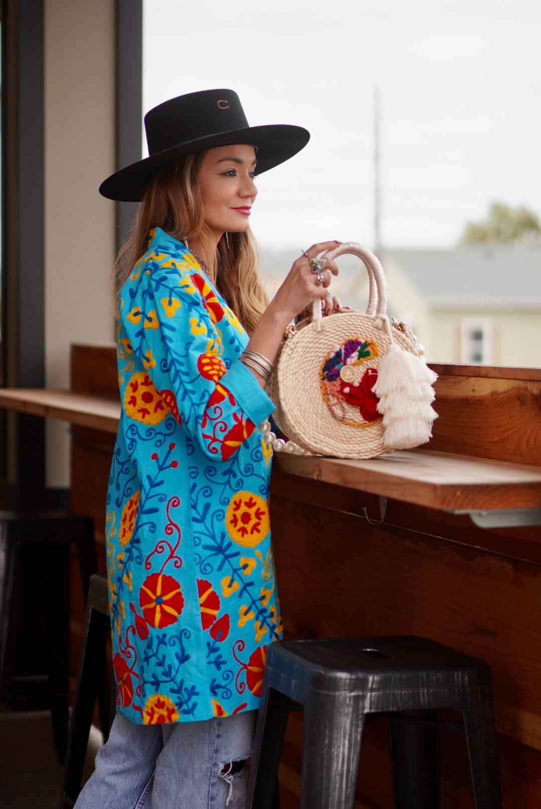 Teal cotton embroidered coat