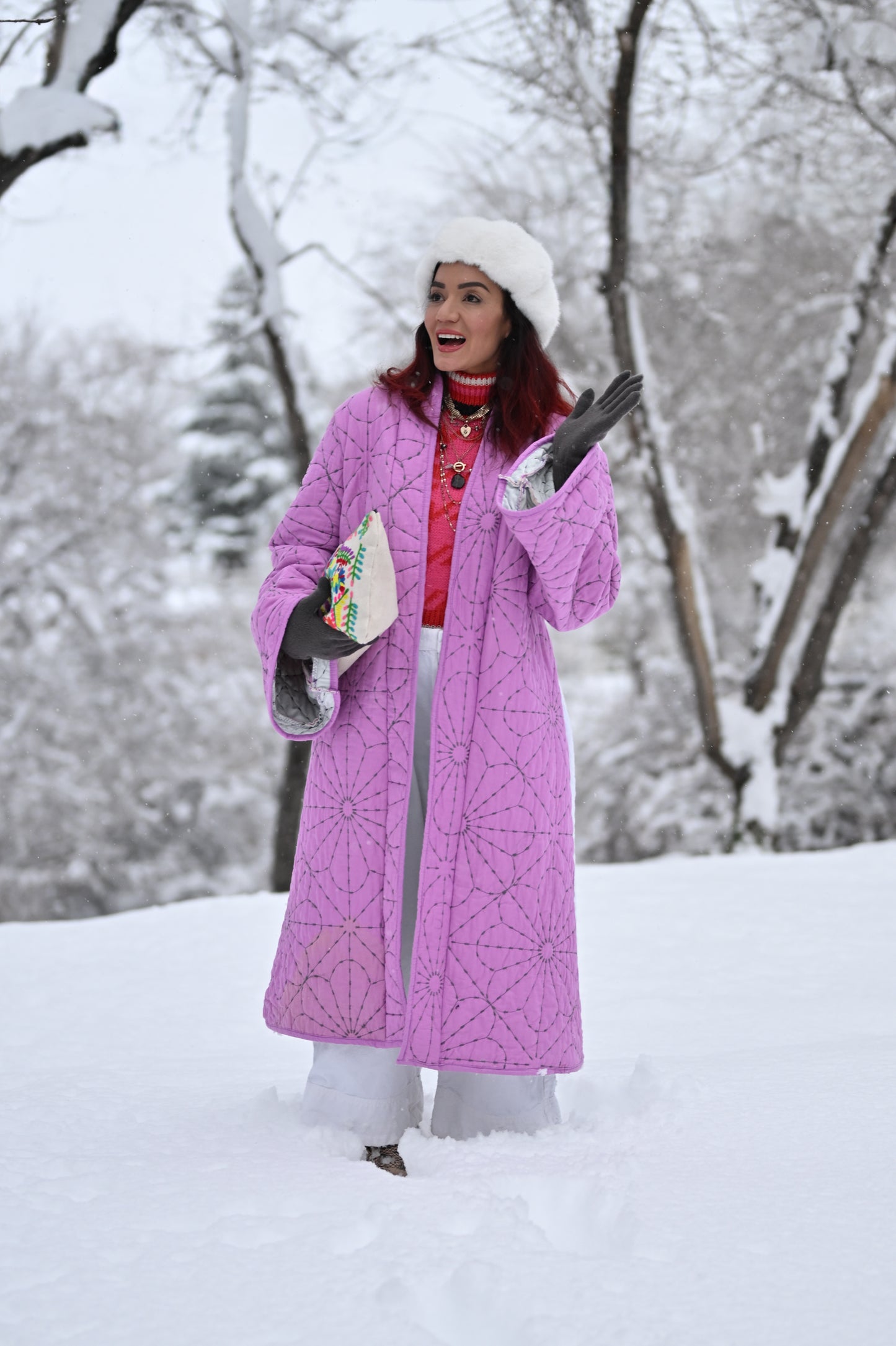 Embroidered clown quilted long coat