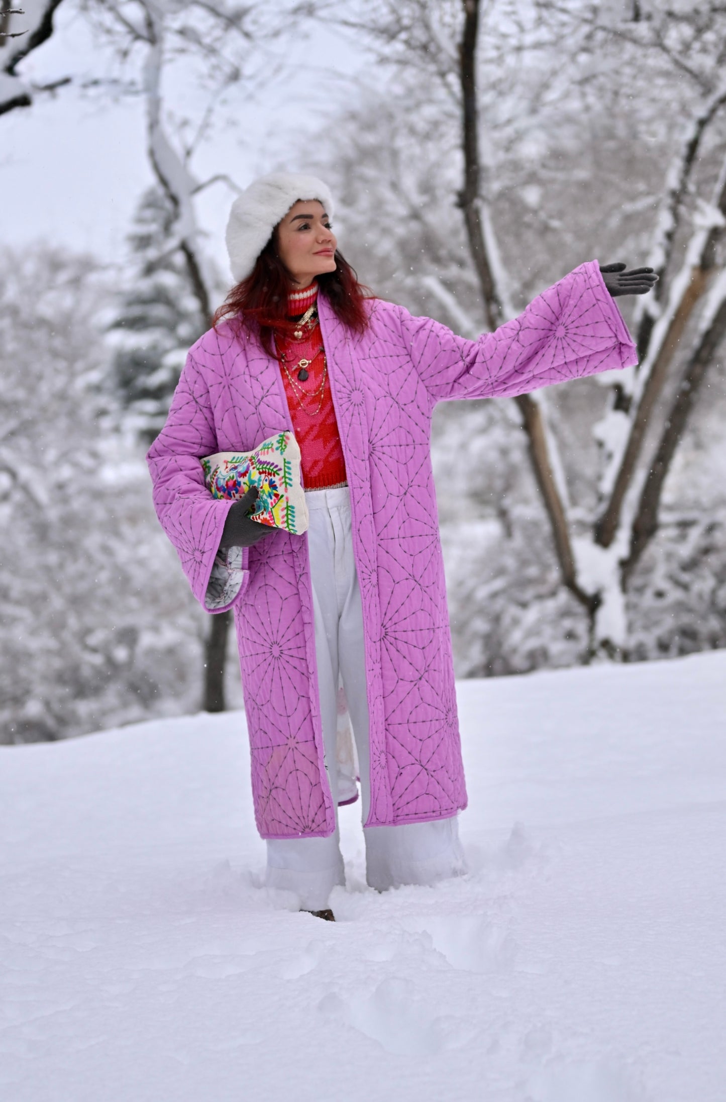 Embroidered clown quilted long coat