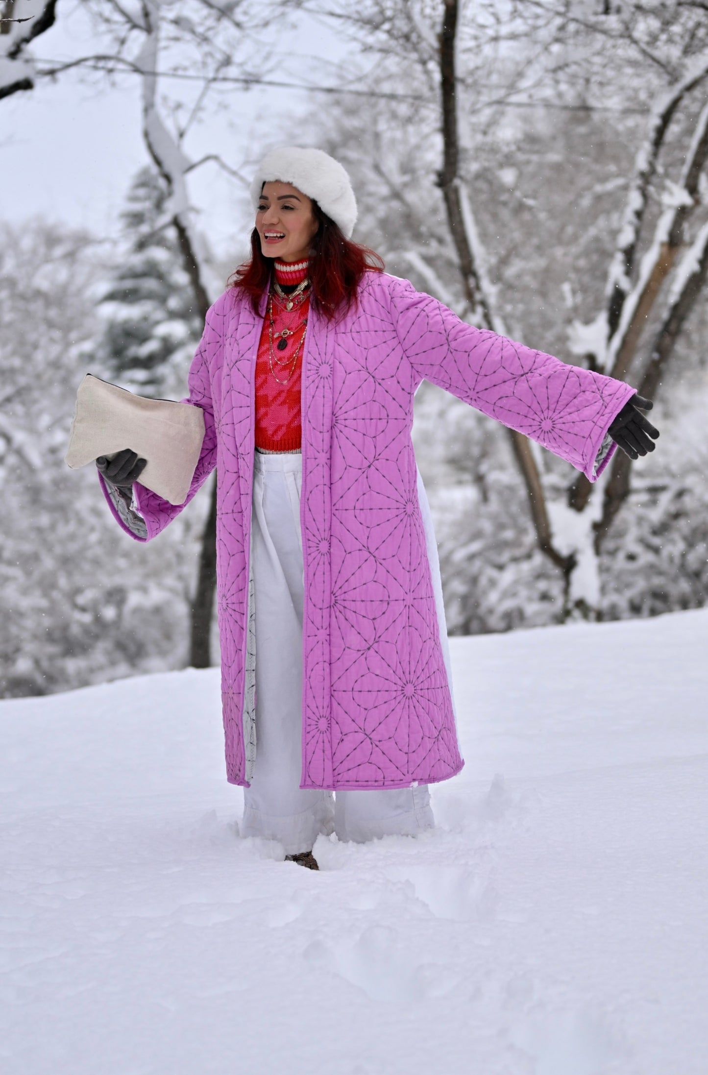 Embroidered clown quilted long coat