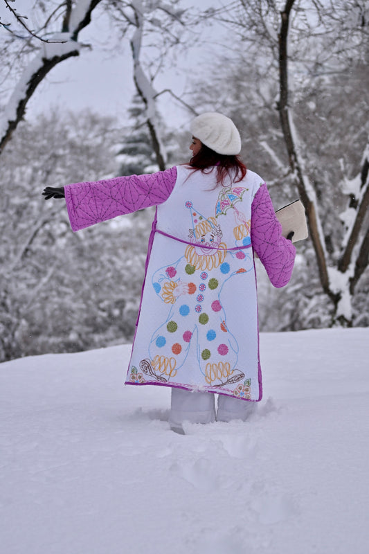 Embroidered clown quilted long coat