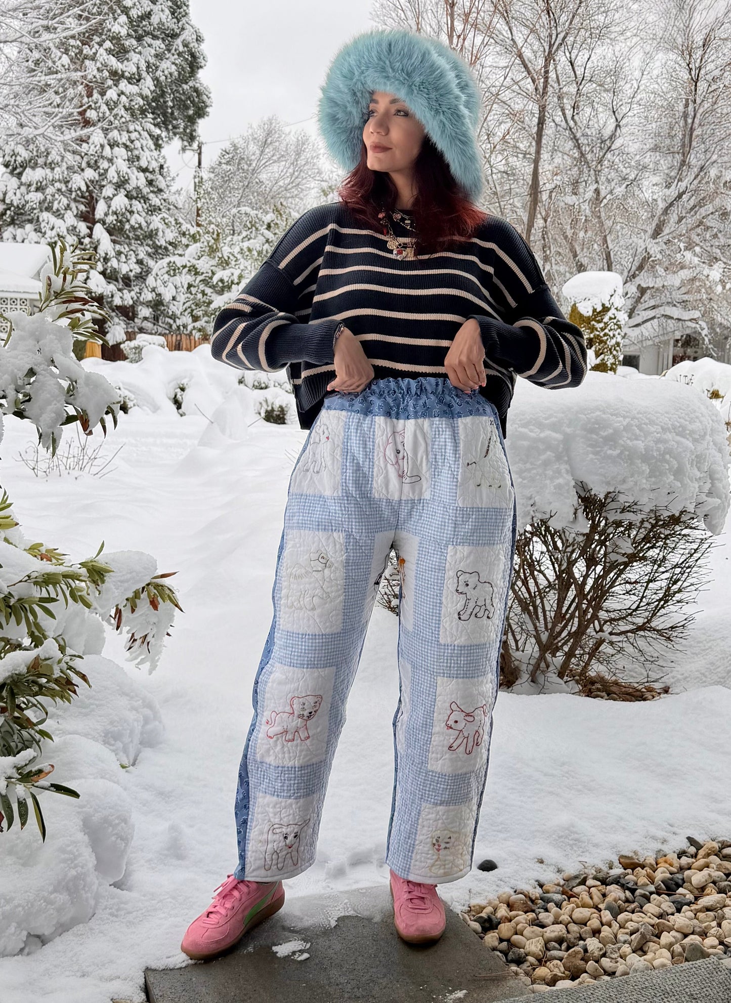 Hand embroidered quilted pants