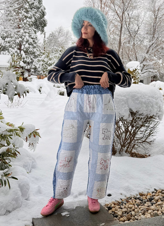 Hand embroidered quilted pants
