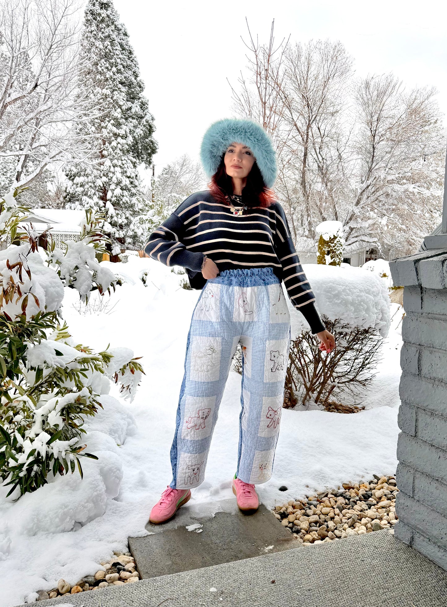 Hand embroidered quilted pants