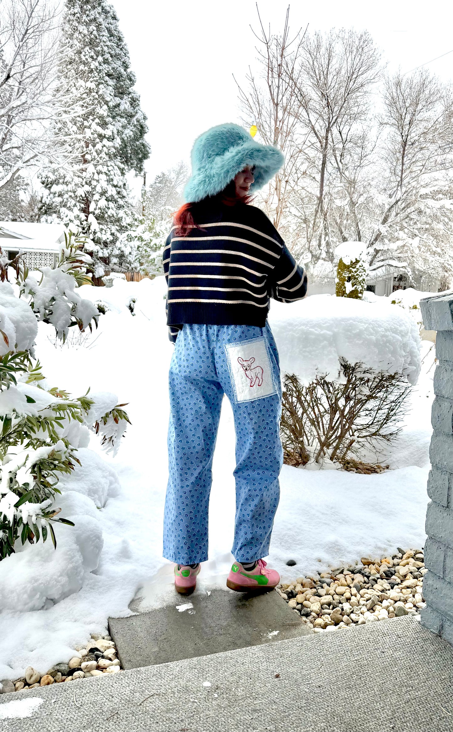 Hand embroidered quilted pants